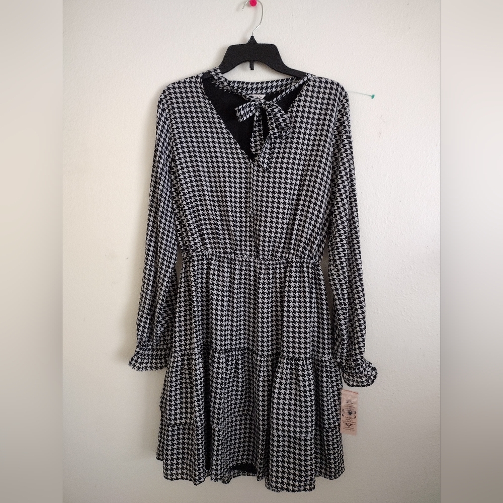 Nanette Lepore NWT black white houndstooth print tiered dress size 12 - Picture 3 of 13